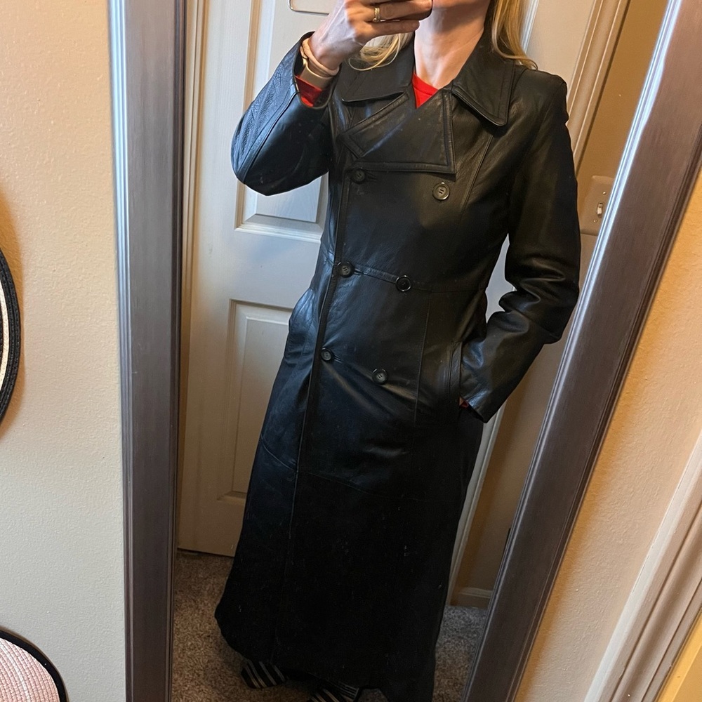 Vintage WINLIT New York Full-Length Black Genuine Leather Trench Coat – Size M